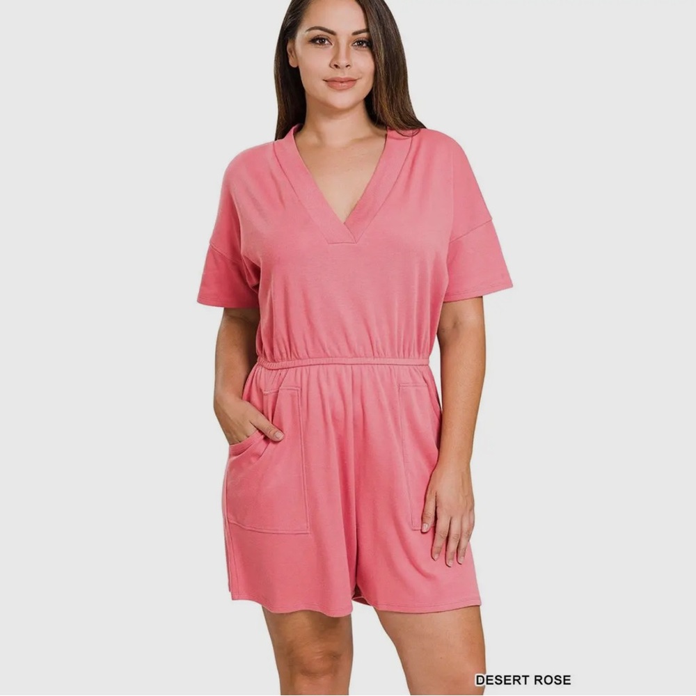 Desert Rose Plus Size Drop Shoulder V-Neck Romper with Pockets